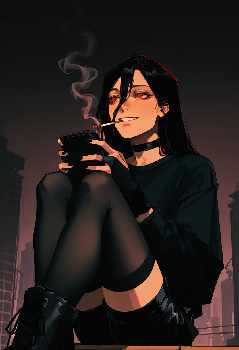 cityscape shot with  <lora:lif:1> llifmfl, 1girl, red eyes, solo, black hair, long hair,  frown,  hair between eyes, thighhighs, crop top, black choker, holding, hair between eyes, smoke, grin, dark background, bridal gauntlets, smoking, black shorts, shirt, gloves
A person with short, tousled hair sits cross-legged on a wooden platform in a forested area. They are wearing a black oversized sweatshirt, fingerless gloves, and combat boots. Their hands are placed on their cheeks, displaying a contemplative or playful expression. The image is in muted tones, emphasizing the natural setting and the subject's outfit.  dark theme <lora:NOOB_vp1_detailer_by_volnovik_v1:1> <lora:nhl-001:1> nhl-001, limited palette, realistic <lora:DarkerThanBlackIllustrious:1>. Urban, skyline, architectural, dynamic