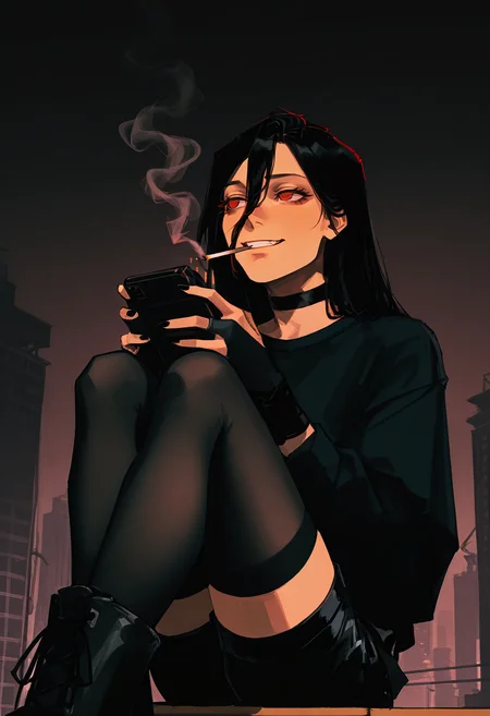 cityscape shot with  <lora:lif:1> llifmfl, 1girl, red eyes, solo, black hair, long hair,  frown,  hair between eyes, thighhighs, crop top, black choker, holding, hair between eyes, smoke, grin, dark background, bridal gauntlets, smoking, black shorts, shirt, gloves
A person with short, tousled hair sits cross-legged on a wooden platform in a forested area. They are wearing a black oversized sweatshirt, fingerless gloves, and combat boots. Their hands are placed on their cheeks, displaying a contemplative or playful expression. The image is in muted tones, emphasizing the natural setting and the subject's outfit.  dark theme <lora:NOOB_vp1_detailer_by_volnovik_v1:1> <lora:nhl-001:1> nhl-001, limited palette, realistic <lora:DarkerThanBlackIllustrious:1>. Urban, skyline, architectural, dynamic