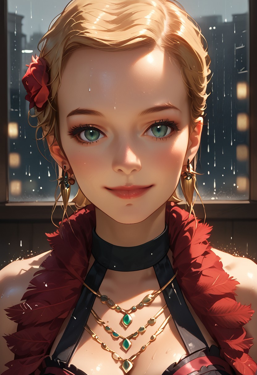 SCORE_9, SCORE_8_UP, SOURCE_ANIME, PORTRAIT, CLOSE UP, FACE FOCUS, SUBTLE SMILE, 1GIRL, SOLO, JESSICA ROSE, BLONDE HAIR, GREEN EYES, CHIGNON, HAIR FLOWER, CHOKER, EARRINGS, FEATHER BOA, COREST, TIERED MINISKIRT, 1ARM CUFF, BRACELETS, ELBOW GLOVES, NECKLACE, BREAK, DARK CITY, RAINING