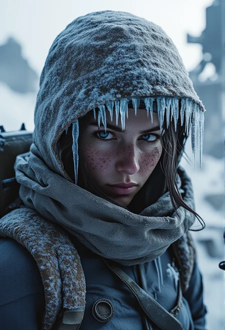 full-body shot of a battle-worn explorer in snow-covered survival gear, with icy textures on every surface. Snowflakes cling to their frozen eyelashes and eyebrows, and frost crystals form patterns on their clothing. In the background, the outlines of abandoned machinery half-buried in snow. The entire scene is filled with long shadows cast by the faint light reflecting off the snow. Lighting is cold and harsh, casting sharp shadows on every surface. The shot type is A dramatic close-up shot that captures every frozen detail on the character's face and gear. Scene details include sharp icicles hanging from nearby structures or rocks. Texture and Detail are softened slightly by the snowfall, creating a surreal, frozen stillness. Mood is intense and somber, capturing the struggle against the relentless cold. bv-fropunsty<lora:bv-frostpunk-style-v1.safetensors:1.0:1.0>