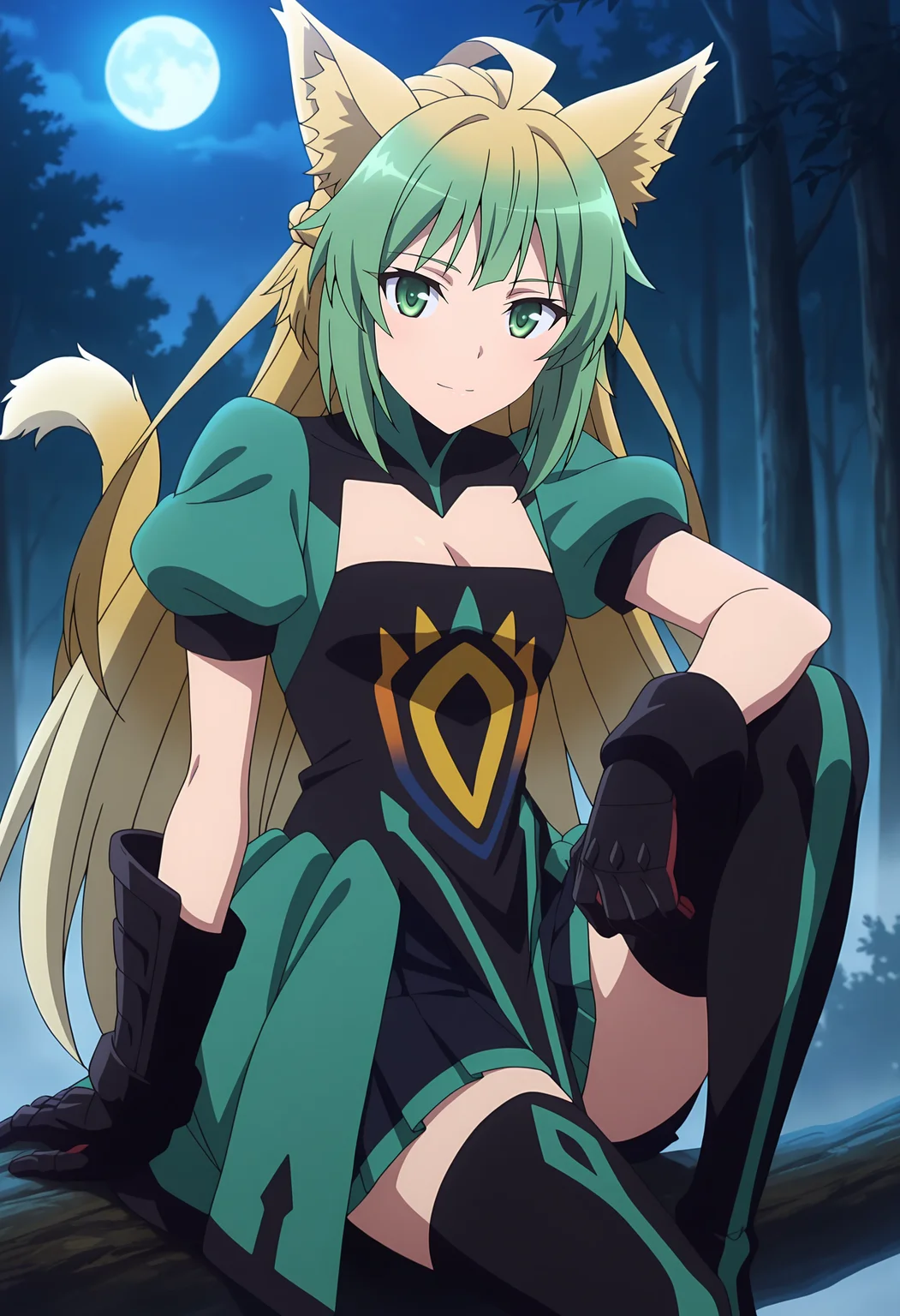 anime screencap, masterpiece, best quality,
<lora:FateApocrypha_Atalanta_IlluXL:0.9>,
1girl, solo, closed mouth, light smile,
multicolored hair, long hair, green eyes, ahoge, cat ears, cat tail,
turtleneck, two-tone dress, print dress, puffy short sleeves, cleavage cutout, small breasts, asymmetrical gloves, gauntlets, black gloves,
green overskirt, pleated skirt, black skirt, thigh boots, black footwear,
sitting in tree, knee up, looking at the viewer,
outdoors, night, moon, fog, forest, night sky