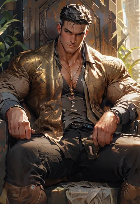 score_9, score_8_up, score_7_up, Atlas, a hulking man of beast-like musculature and an open shirt with wild black hair, master of knowledge and memory with a throne of books.