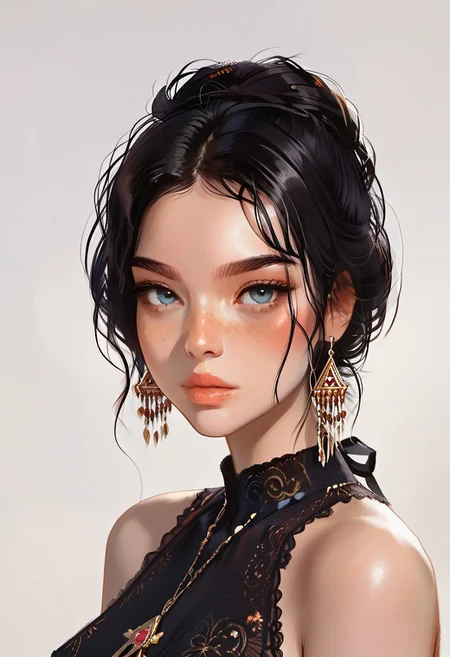 masterpiece,best quality, highly detailed, score_9, score_8_up, score_7_up, score_6_up, score_5_up, score_4_up, Expressiveh, 24 year old girl, cute innocent girl, petite, slender body, slim legs, large perky round breasts, thick pouty lips, ((freckles)),
Messy half updo black hair, sidelocks, erect nipples, thick eyeliner, ornate side tie dress, front ties, portrait, KZKST