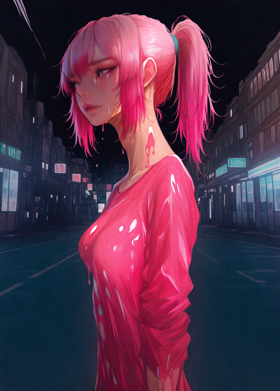 <lora:Wataboku_Style:1> by_wataboku, urban, masterpiece, best quality, good quality, very aesthetic, absurdres, newest, (Perfect details), <lora:USNR STYLE_XL_loha:0.3> <lora:spo_sdxl_10ep_4k-data_lora_webui:0.3> <lora:ponyv5_noobV065S_1_adamW:0.3> <lora:GBF_Illustrious:0.3> <lora:748cmSDXL:0.4>, 1girl, Ponytail, large_teardrop_breasts, Boyish body, hazel eyes, Hot pink hair