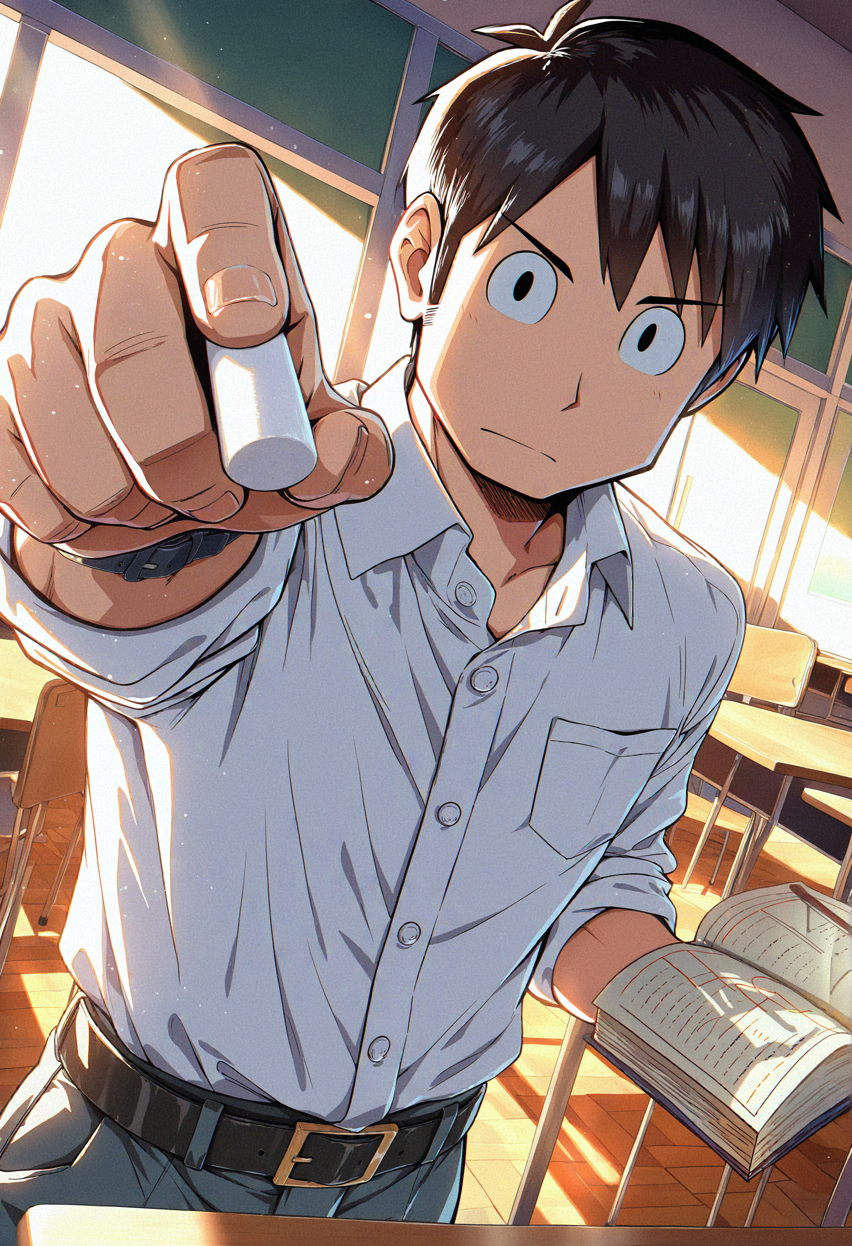 masterpiece, best quality, newest, absurdres, highres, very awa, 1boy, male, male focus, takasaki manabu, black eyes, solo, upper body, foreshortening, (drawing on fourth wall), raised arm, looking at viewer, official style, desk, chair, holding, book, white shirt, holding chalk, classroom, wristwatch, holding book, teacher, collared shirt, grey pants, solo focus, open book, standing, black belt, sleeves rolled up, dress shirt, school, belt buckle, dutch angle, indoors, soft lighting, sunlight, late afternoon, light rays, scenery