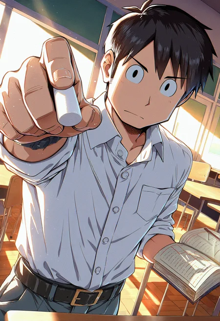 masterpiece, best quality, newest, absurdres, highres, very awa, 1boy, male, male focus, takasaki manabu, black eyes, solo, upper body, foreshortening, (drawing on fourth wall), raised arm, looking at viewer, official style, desk, chair, holding, book, white shirt, holding chalk, classroom, wristwatch, holding book, teacher, collared shirt, grey pants, solo focus, open book, standing, black belt, sleeves rolled up, dress shirt, school, belt buckle, dutch angle, indoors, soft lighting, sunlight, late afternoon, light rays, scenery
