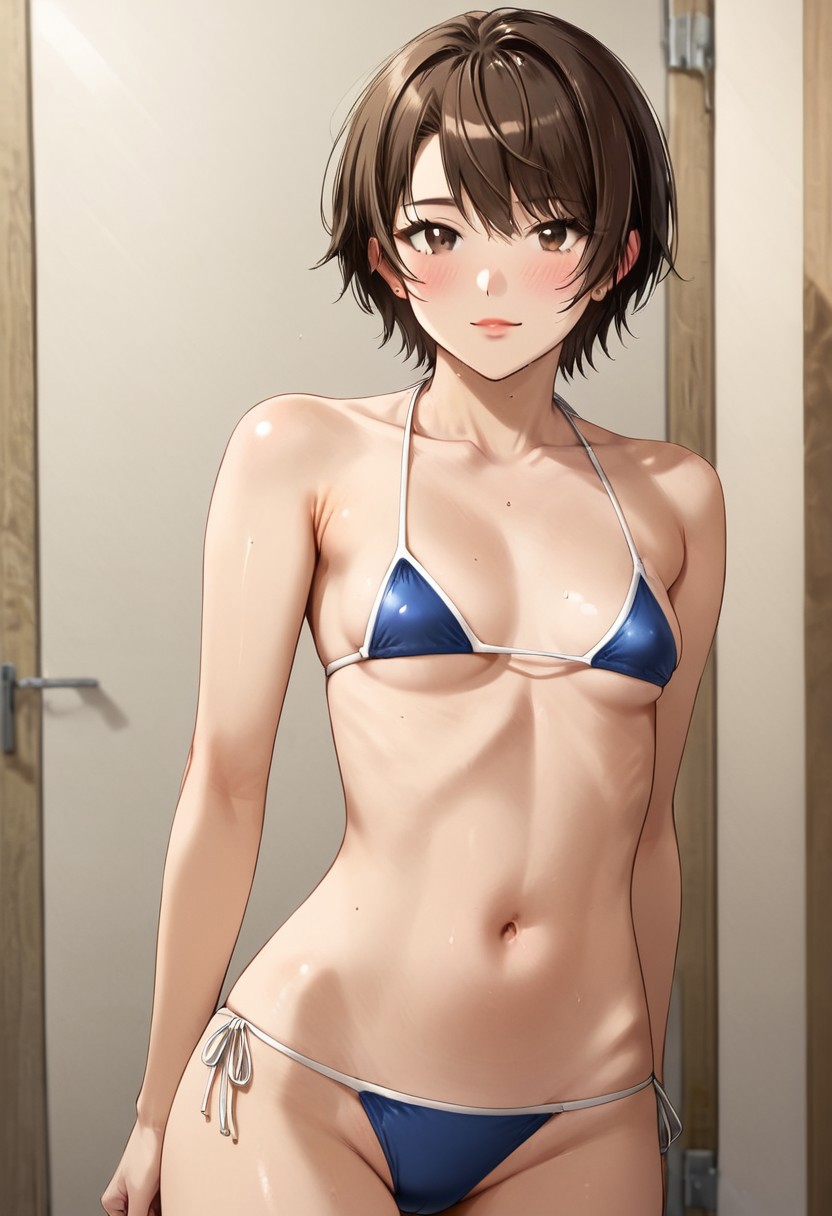 1girl, short hair, brown hair, small breasts, bikini,