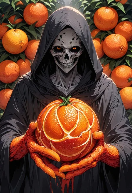 a portrait of the grim reaper, angel of death made out of blood oranges, blood orange style, in a black hooded cloak, holding a (peeler) in his orange hands, eyes half-cut oranges, closeup, front view, masterpiece, best quality, highly detailed