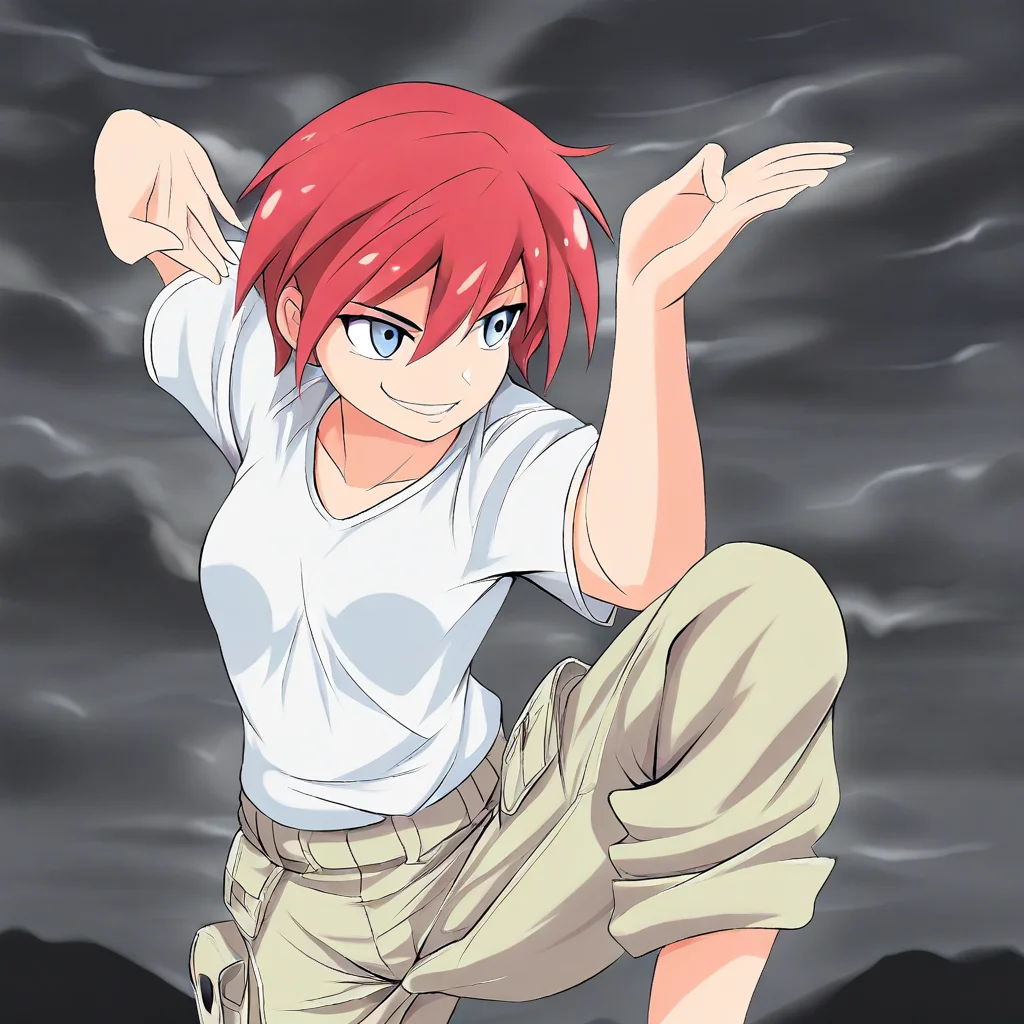 masterpiece, best quality, absurdres, 1girl, female focus, solo, M_A_G_G, knee up, upper body, tomboy, red hair, short hair, blue eyes, t-shirt, white shirt, khaki pants, cargo pants, black sky, dark clouds, smirk