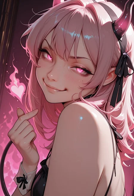 masterpiece, high_quality, highres, gradient, cinematic lighting, artist:moriimee,8k,
looking_at_viewer, smirking, finger_heart gesture, devils tail, ribbons in hair, 
[pink_background], pink fire, fire_background, dutch angle, side view, closeup, below view