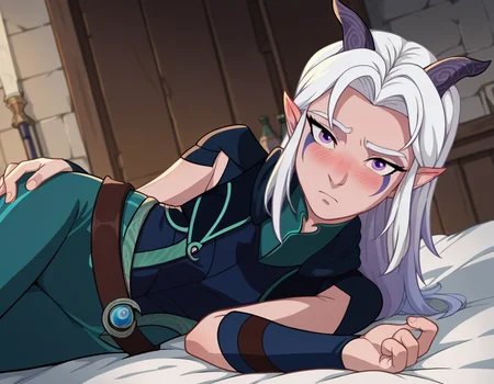 score_9, score_8_up, score_7_up, source_anime,
rayla, <lora:the-dragon-prince-rayla-ponyxl-lora-nochekaiser:1>,
rayla, long hair, white hair, horns, pointy ears, purple eyes,
boots, belt, bodysuit,
indoors, bed, bed room, on side, blush, drunk,
looking at viewer, dutch angle, cowboy shot,