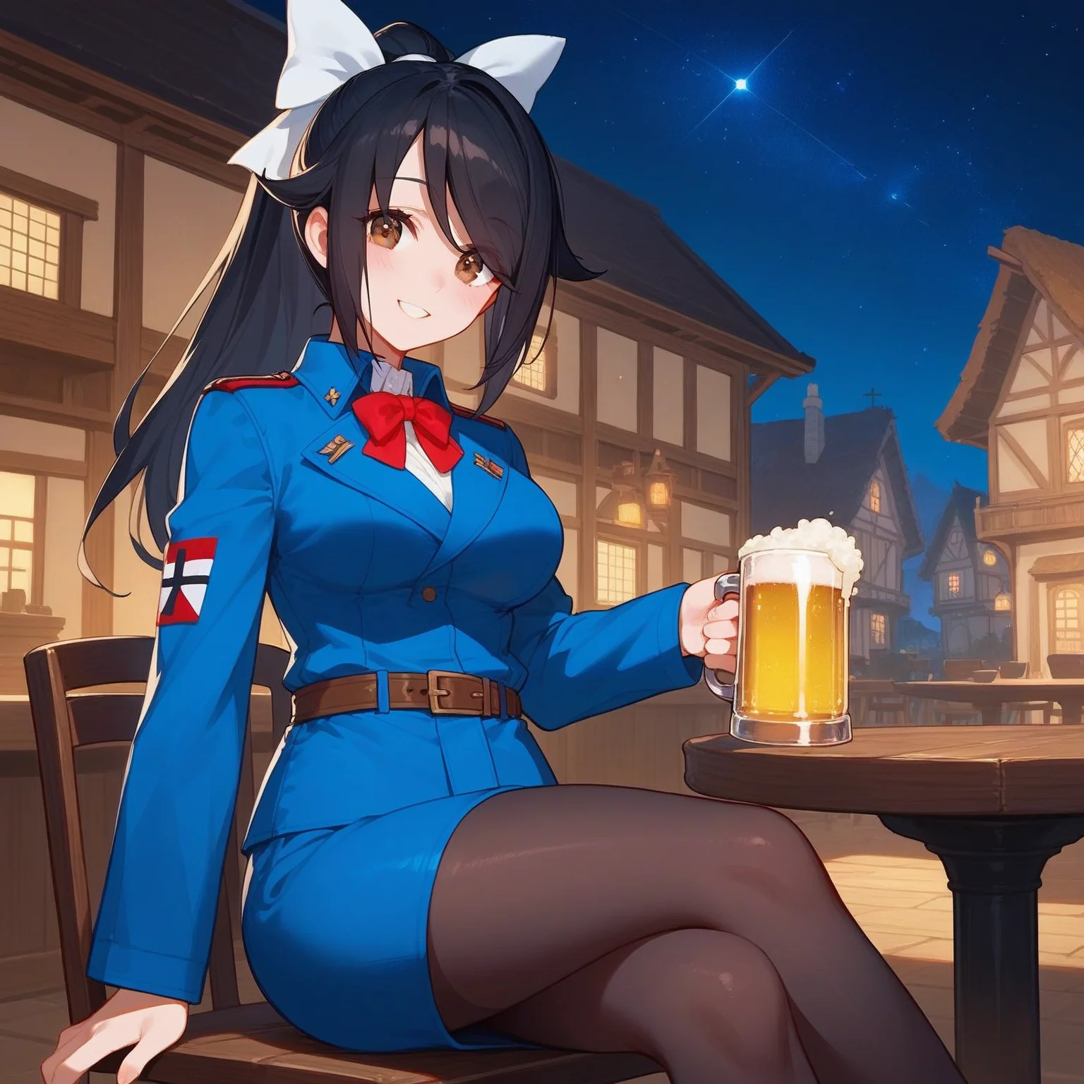 score_9, score_8_up, score_7_up, anime
BREAK
chloe_olis, 1girl, solo, black hair, high ponytail, white bow, brown eyes, eyes visible through hair, military uniform, blue jacket, white shirt, red bowtie, brown belt, blue skirt, black pantyhose, looking at viewer, smile, blush, sitting, holding cup
BREAK
tavern, wooden chair, wooden table, beer mug, scenery, town, fantasy, starry sky, night sky, night, moonlight
<lora:chloe_NagekiNoBoureiWaIntaiShitai_ponyxl_v1_char:1> <lora:chloe_NagekiNoBoureiWaIntaiShitai_ponyxl_v1_style:0>