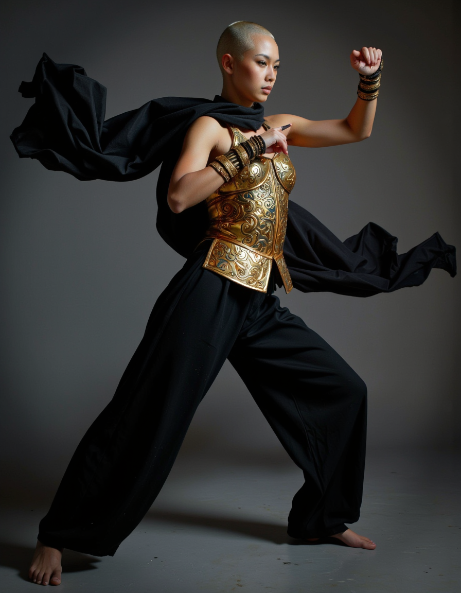 (A cinematic photography.:1.2)
A striking portrait of a slender, athletic Black warrior, exuding power and elegance, captured in a dynamic combat pose reminiscent of fluid kung-fu movements. Her shaved head highlights her smooth skin and emphasizes her intense, focused gaze. Her long, flowing black garments ripple dramatically in mid-motion, accentuating her toned, athletic physique as she prepares to strike. A gleaming, intricately detailed golden breastplate protects her chest, complemented by ornate gold bracers on her arms.