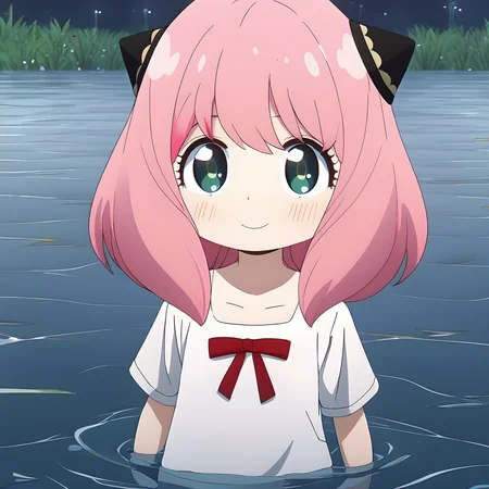 detailed anime style,a cute girl standing in water,with pink hair,<lora:anya (spy x family):1>,