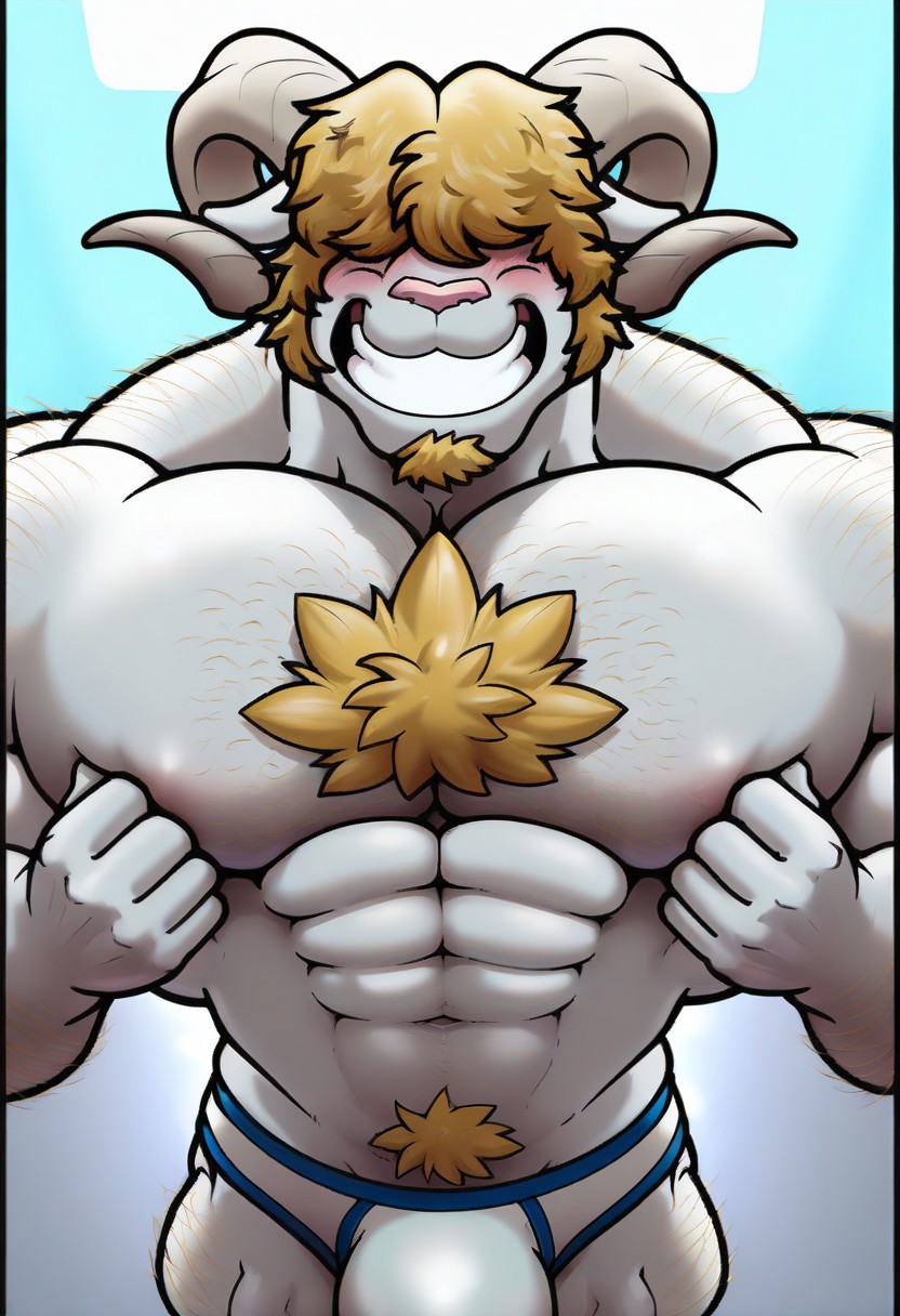 (graviton:1.2), goat boy, white fur, (curled horns:1.2), hair over eyes, short hair, blond hair, goatee, hairy arms, chest hair, 1boy, solo, furry male, furry, muscular male, bara, (long torso:1.2), (narrow waist:1.2), narrow hips, (chiseled abs:1.2), impressive physique, (8K CGI render), 3d, crisp details, (masterpiece), Massive Busty Pecs, (Extremely beautiful:1.2), Extremely detailed, perfect depth of field shot, 8K, HD, best quality, (amazing quality:1.2), dynamic angle, realistic, (volumetric lighting), (photographic realism), underwear only, white bikini cut briefs, (close up:1.2), from above, pleasured, blushing, grin, (grabbing pecs:1.2), (snort:1.2), big bulge
