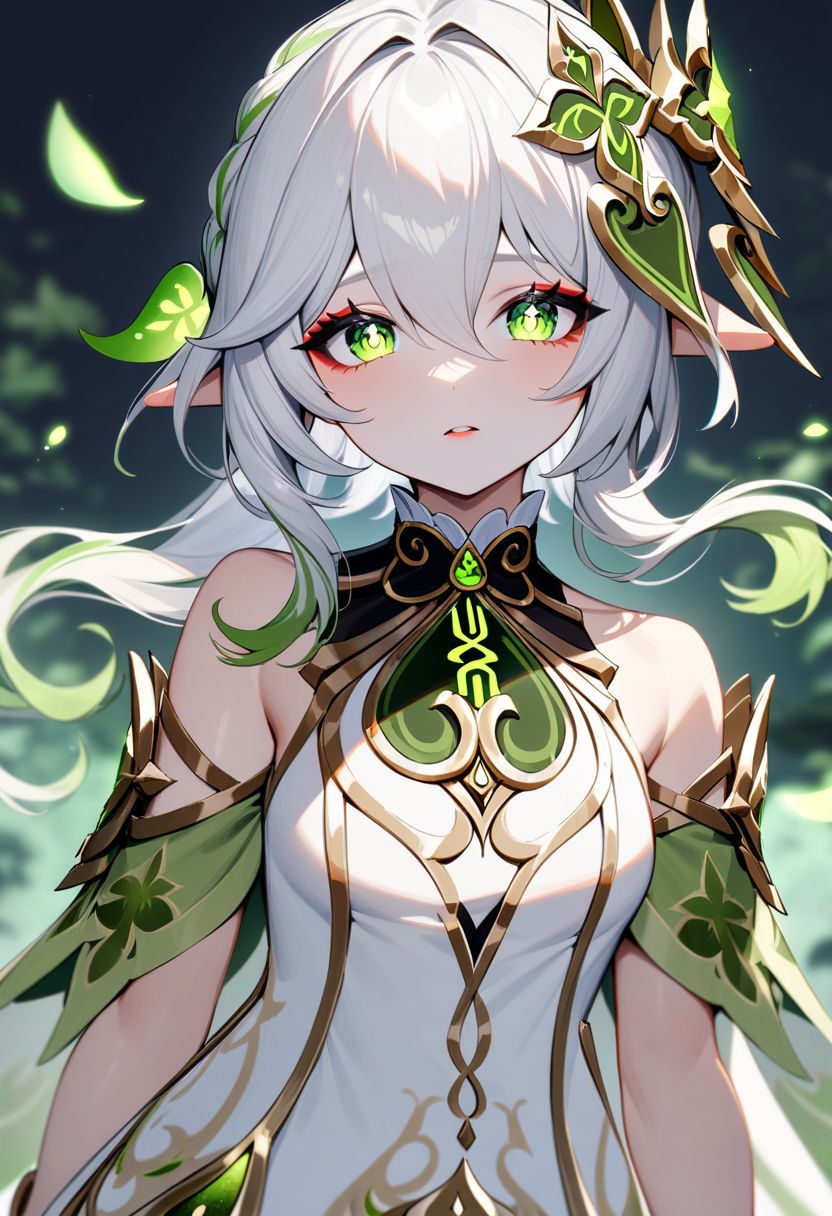 Nahida /(Genshin impact)/,solo, glowing eyes, parted lips, masterpiece, best quality, very aesthetic, absurdres, aged up, makeup , eyeshadow, looking at viewer , medium breasts