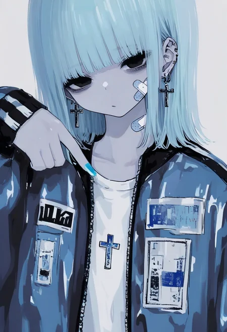 1girl, solo, jewelry, earrings, cross, jacket, cross earrings, ear piercing, blue hair, piercing, bangs, bandaid, upper body, sleeves past wrists, simple background, blue nails, medium hair, nail polish, looking at viewer, long sleeves, black eyes, closed mouth, shirt, blue jacket, hand up, white shirt, bandaid on face, zipper, blunt bangs, blue theme <lora:748cmXL_NBVP1_lokr_V6311P:0.95>