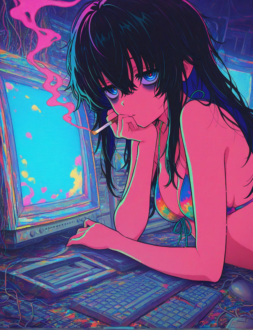 masterpiece,best quality,higres illustration,<lora:retro_pc_IL:1>,computer,1girl,1girl,solo,sitting,upper body,colorful,bikini,smoking,bags under eyes,hair