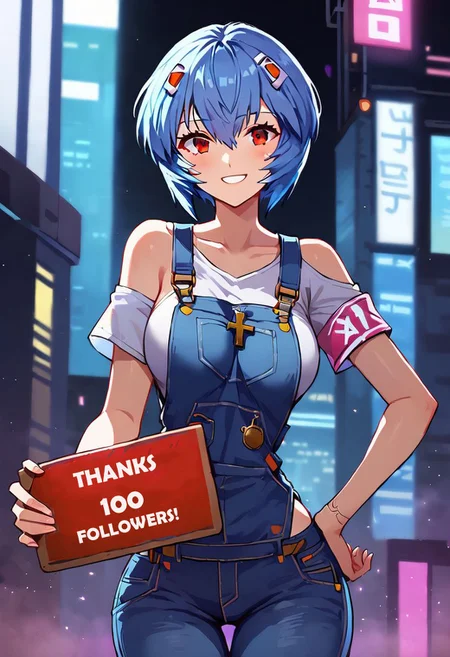 anime artwork , 1 girl, Rei Ayanami, blue hair, red eyes ,((((( holding sign that says "100"))))),
forceful pose, cross jewelry, hand on own hip, combing hair with hand, smiling
latex sweetheart top, tight jeans overalls, t-back, loose buckle, armband, open strap,
tall, skinny, narrow hips,
, tender gaze, open eyes,
<lora:Expressive_H:0.8>,
,score_9, score_8_up, score_7_up, . anime style, key visual, vibrant, studio anime, highly detailed
BREAK
cyberpunk, cyberpunk bedroom
