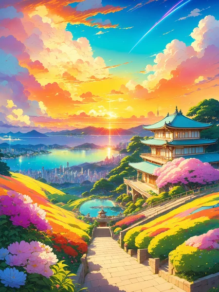 best quality, hdr, hd, cel shading, illustration, masterpiece, vibrant crystalline city, terraces, foreground villa, studio ghibli, matte painting, beautiful nature landscape, art by rhads, trending on artstation, golden hour, cel shading, breathtaking colorful clouds, stars, streaks, makoto shinkai, latex textures, postcard, synthwave colors, foreground wildflowers, supercell
<lora:last:1.2>