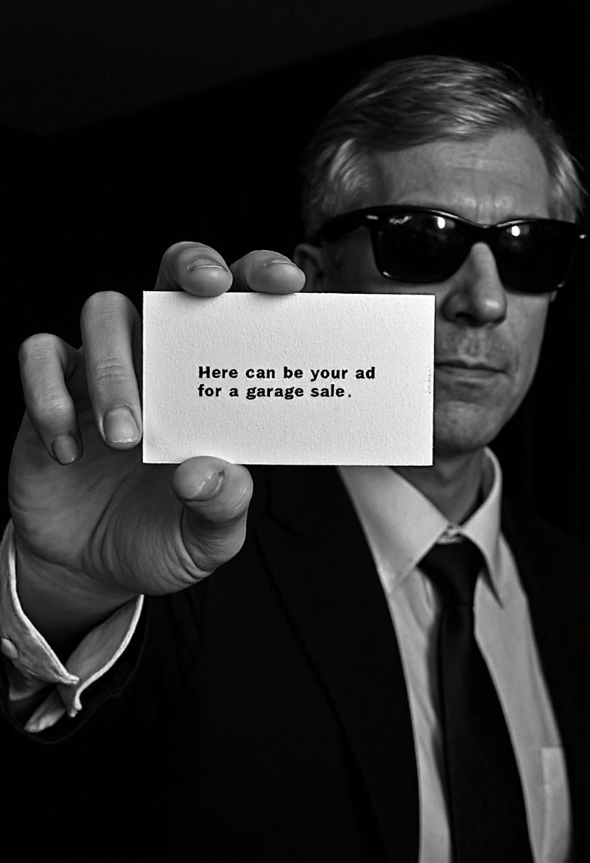 d1g1cam, A 35mm analog black and white photo, chiaroscuro lighting, movie still, a grey haired man wearing rayban wayfarer sunglasses, he's wearing a black business suit, black tie, holdin a business card in the in one hand, he's holding the card to camera with text on it saying "Here can be your ad for a garage sale"