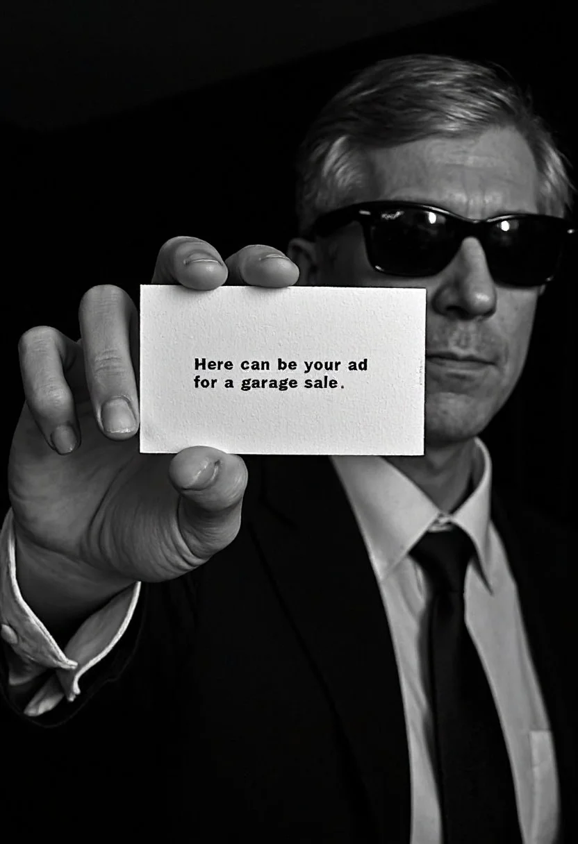 d1g1cam, A 35mm analog black and white photo, chiaroscuro lighting, movie still, a grey haired man wearing rayban wayfarer sunglasses, he's wearing a black business suit, black tie, holdin a business card in the in one hand, he's holding the card to camera with text on it saying "Here can be your ad for a garage sale"