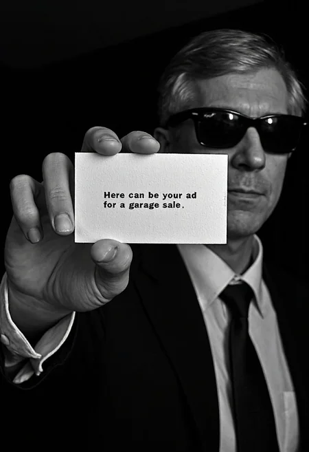 d1g1cam, A 35mm analog black and white photo, chiaroscuro lighting, movie still, a grey haired man wearing rayban wayfarer sunglasses, he's wearing a black business suit, black tie, holdin a business card in the in one hand, he's holding the card to camera with text on it saying "Here can be your ad for a garage sale"