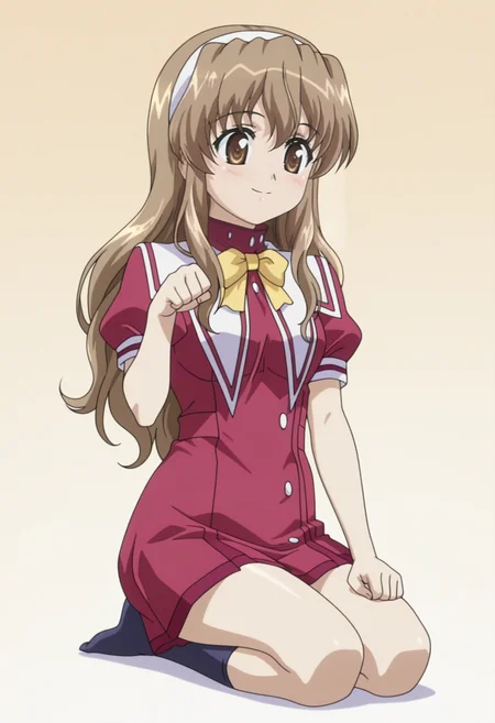 masterpiece, best quality, amazing quality, anime screencap, anime coloring, 1girl, solo,  <lora:DX888HarukaIL:1> nogizaka haruka, brown hair, brown eyes, long hair
hairband, school uniform, short sleeves, yellow bowtie,BREAK beige background, lace background,  (simple background:1.2) BREAK  (dynamic pose:1.2), smile, blsuh, thumbs down, seiza, from velow,