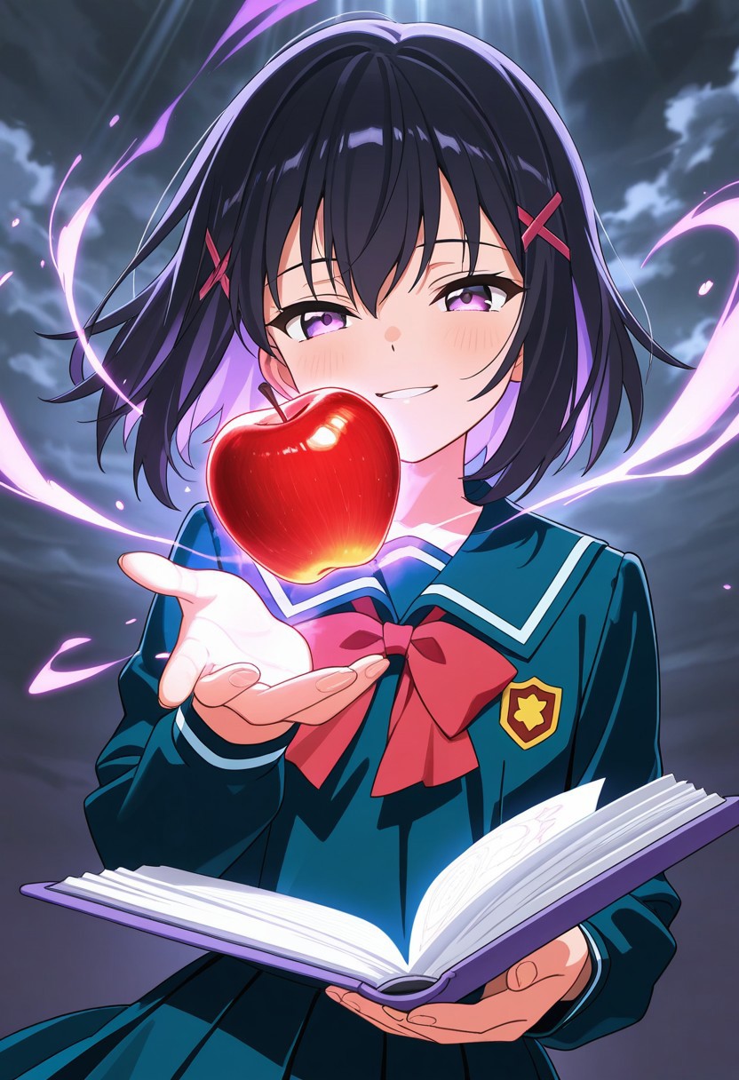 masterpiece, best quality, high quality, high details, source_anime, score_9, score_8_up, score_7_up, extremely detailed,
chibi anime girl in school uniform, gently tossing a shiny red apple in the air, sly smile, glowing purple aura around her, black floating notebook behind her, hair fluttering, dark cloudy background with light rays, stylized anime effects, magical and mysterious mood