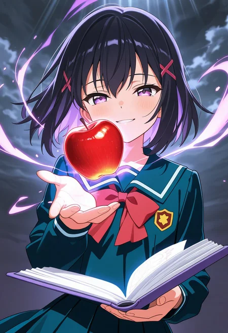 masterpiece, best quality, high quality, high details, source_anime, score_9, score_8_up, score_7_up, extremely detailed,
chibi anime girl in school uniform, gently tossing a shiny red apple in the air, sly smile, glowing purple aura around her, black floating notebook behind her, hair fluttering, dark cloudy background with light rays, stylized anime effects, magical and mysterious mood