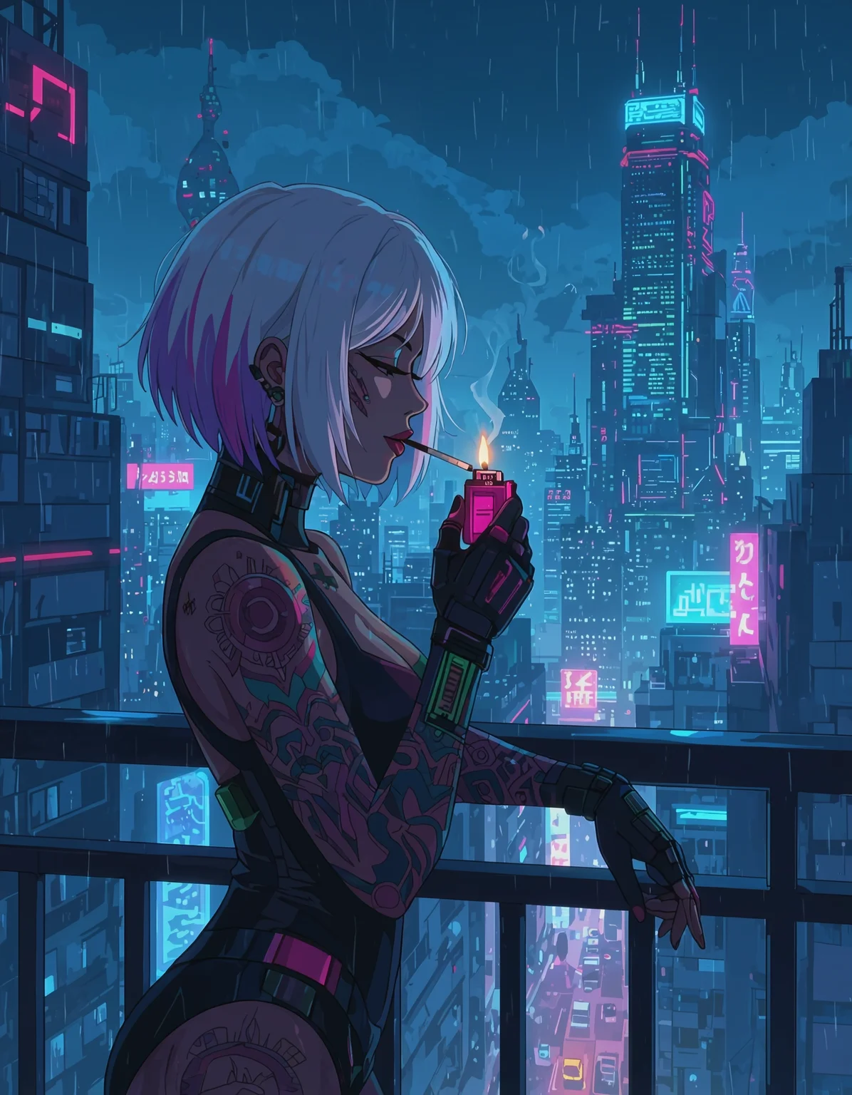 This anime scene with flat colors and vibrant visuals showcases the side silhouette of a cyberpunk woman lighting a cigarette. She uses a pink lighter. She has shorter white hair with a colorful ombré. Her pale white skin is covered in tattoos and cyber implants. Her outfit is tight and also colorful. She is leaning against the railing of a balcony, overlooking a futuristic neon city with gigantic buildings and structures. It is night time with light rain and fog. The sky is black with hints blue and green.