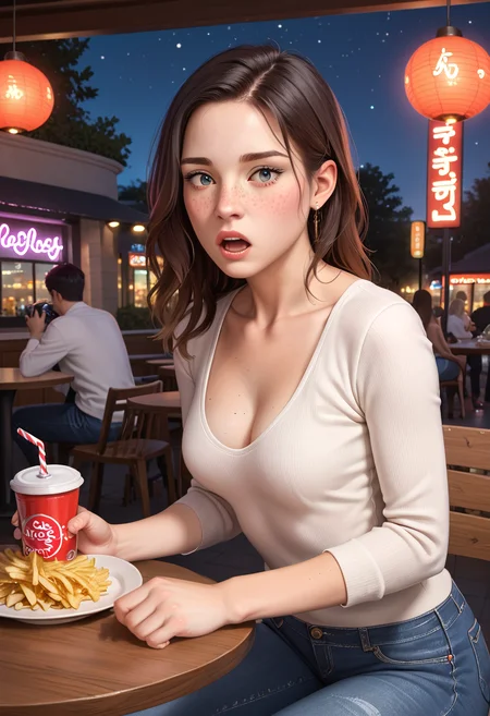 positiv Clip L:
embedding:Pony\zPDXL3, A stunningly beautiful adult woman sitting across from you in a cozy fast-food restaurant at night. She is wearing casual yet stylish clothes, such as a fitted shirt and jeans, exuding effortless charm. perfect round small breasts cleavage. Her captivating eyes meet yours with an intense, shocked gaze that feels deeply personal and cold. Soft moonlight streams through the large window behind her, casting a cool, ethereal glow on her figure, while the warm, ambient lighting of the restaurant creates a balanced contrast. The table in front of her has subtle details like a soda cup and a tray with fries, adding authenticity to the scene. The background features faint reflections on the glass and soft neon lights from the street outside, enhancing the cinematic and intimate atmosphere. Ultra-detailed, cinematic composition, sharp focus on her expression and eyes, complementary cool moonlight and warm interior tones, shocked expression,
positiv Clip G:
embedding:Pony\zPDXL3, A stunningly beautiful adult woman sitting across from you in a cozy fast-food restaurant at night. She is wearing casual yet stylish clothes, such as a fitted shirt and jeans, exuding effortless charm. perfect round small breasts cleavage. Her captivating eyes meet yours with an intense, shocked gaze that feels deeply personal and cold. Soft moonlight streams through the large window behind her, casting a cool, ethereal glow on her figure, while the warm, ambient lighting of the restaurant creates a balanced contrast. The table in front of her has subtle details like a soda cup and a tray with fries, adding authenticity to the scene. The background features faint reflections on the glass and soft neon lights from the street outside, enhancing the cinematic and intimate atmosphere. Ultra-detailed, cinematic composition, sharp focus on her expression and eyes, complementary cool moonlight and warm interior tones, shocked expression,