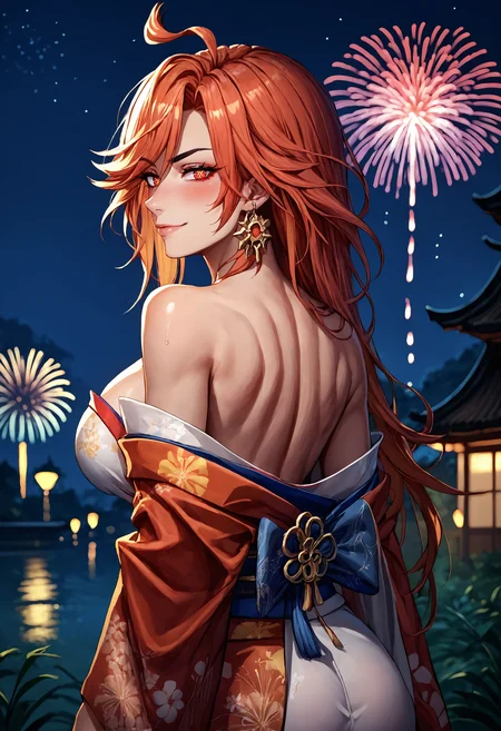 score_9, score_8_up, score_7_up, detailed, mavuika, symbol-shaped pupils, ahoge, red eyes, large breasts, earrings, <lora:Mavuika_pdxl_Incrs_v1:1>, long hair, looking back, from behind, off-shoulder kimono, smirk, blush, bare shoulders, rimlight, night, japanese clothes, fireworks, depth of field, sweat, impossible clothes, arms at sides,
