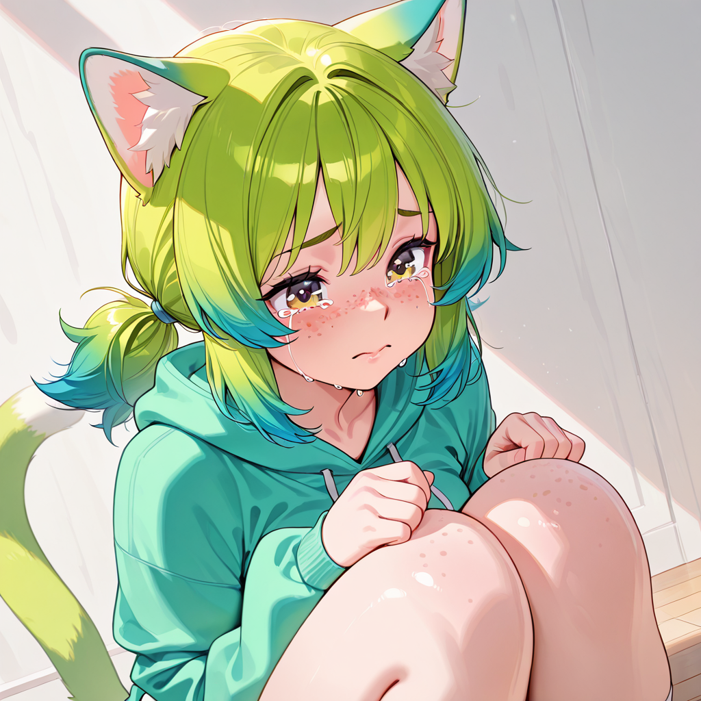 1girl, Klover, freckles, hoodie, on knees, crying <lora:Klover Illustrious:1>