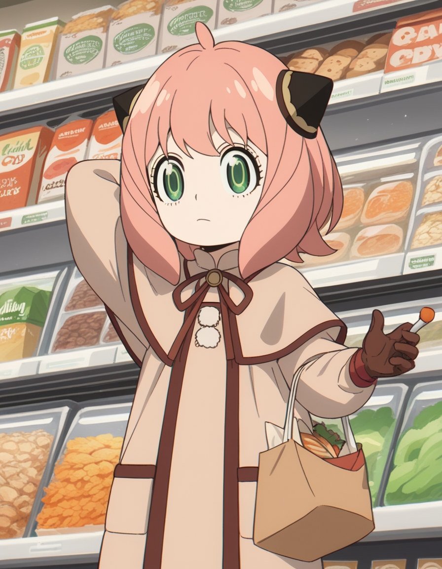 score_9, score_8_up, score_7_up, source_anime, <lora:anya-forger-movie-ponyxl-lora-nochekaiser:1>, anya forger, anya (spy x family), bangs, green eyes, pink hair, ahoge, child, female child, hairpods,, gloves, long sleeves, ribbon, brown gloves, capelet, robe,, grocery store, cashier, shopping bag, scanning items, small talk, everyday routine, , , hand behind head, , solo,, cowboy shot, dutch angle,