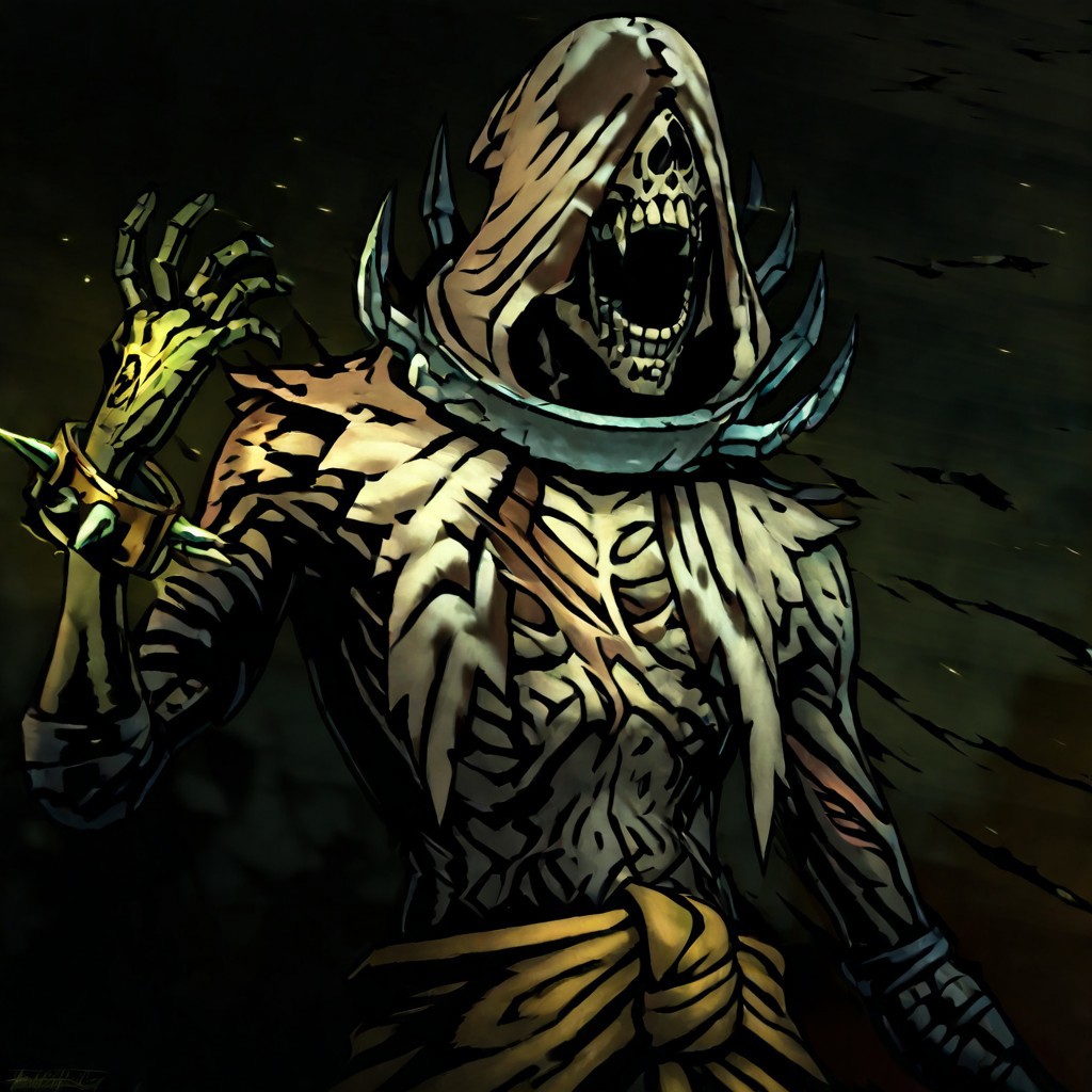 masterpiece, best quality, newest, absurdres, highres, DDstyle, official style, 
1boy, DDFLA-V1.1, collar, spiked collar, hood, scar, sash, spikes, undead, zombie, hood, hood up, teeth, bracelet,