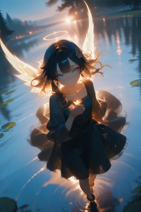 <lora:ponyv6_noobV1_2_adamW:1>
<lora:Dark_Angel_IL:1>
1girl, angel wings, anklet, autumn leaves, beetle, bird, black feathers, black hair, black wings, blonde hair, blue eyes, blurry background, blush, broken chain, butterfly on hand, city lights, closed mouth, collarbone, dragonfly, dress, earrings, earth \\(planet\\), fiery wings, floating hair, flower, forest, full moon, hair ornament, jewelry, kashiwazaki sena, lake, light particles, lily pad, long hair, looking at viewer, orange sky, orb, single wing, solo, star \\(sky\\), tanzaku, water, white wings