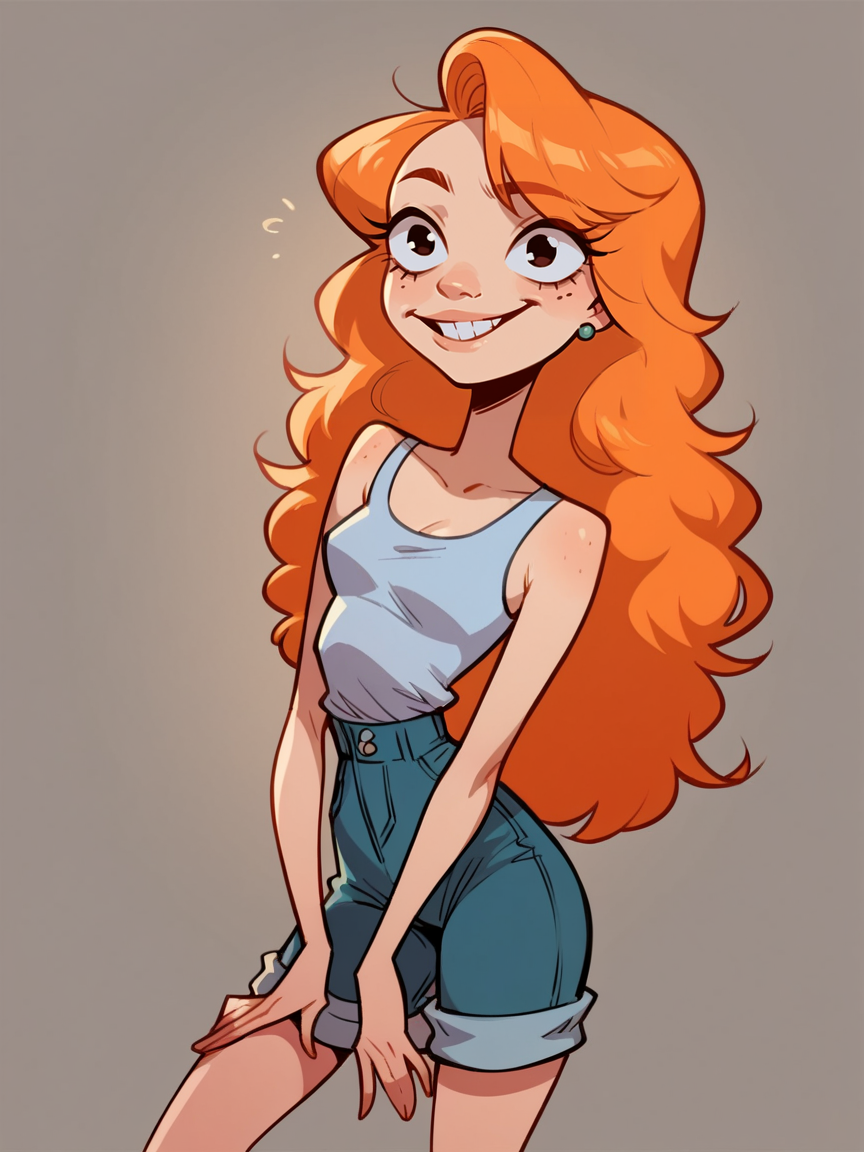 score_9, score_8_up, score_7_up, score_6_up, <lora:Dm4nXLP:1> dm4n, flat color, 1girl, (duckman:0.3), long hair, ginger hair