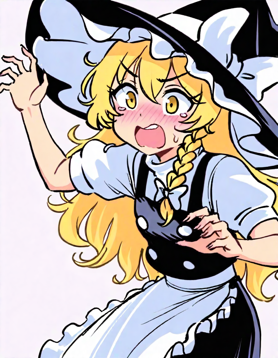 snegovski, 1girl, solo, (kirisame marisa:1.1), touhou, blonde hair, braided sidelock, yellow eyes, witch hat, hat bow, white bow, black tabard, waist apron, black skirt, white turtleneck sweater, neck ribbon, red ribbon, from side, surprised, open mouth, panicking, hands up, cowboy shot, simple background, white background, (gyate-gyate:1.3), best quality, amazing quality, very aesthetic, absurdres
