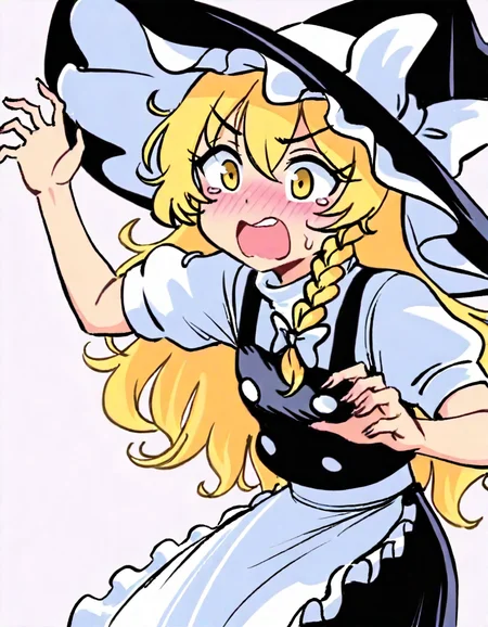 snegovski, 1girl, solo, (kirisame marisa:1.1), touhou, blonde hair, braided sidelock, yellow eyes, witch hat, hat bow, white bow, black tabard, waist apron, black skirt, white turtleneck sweater, neck ribbon, red ribbon, from side, surprised, open mouth, panicking, hands up, cowboy shot, simple background, white background, (gyate-gyate:1.3), best quality, amazing quality, very aesthetic, absurdres
