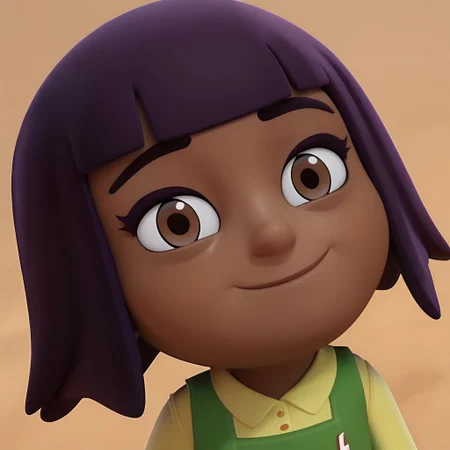 score_9, score_8_up, score_7_up, BREAK RuePS, 1girl, brown skin, purple bobcut, blunt bangs, brown eyes, sleeveless green dress, long-sleeved yellow polo shirt, face closeup, face view, solo, solo focus, alone, closed mouth, smiling at viewer, cgi, source_cgi,