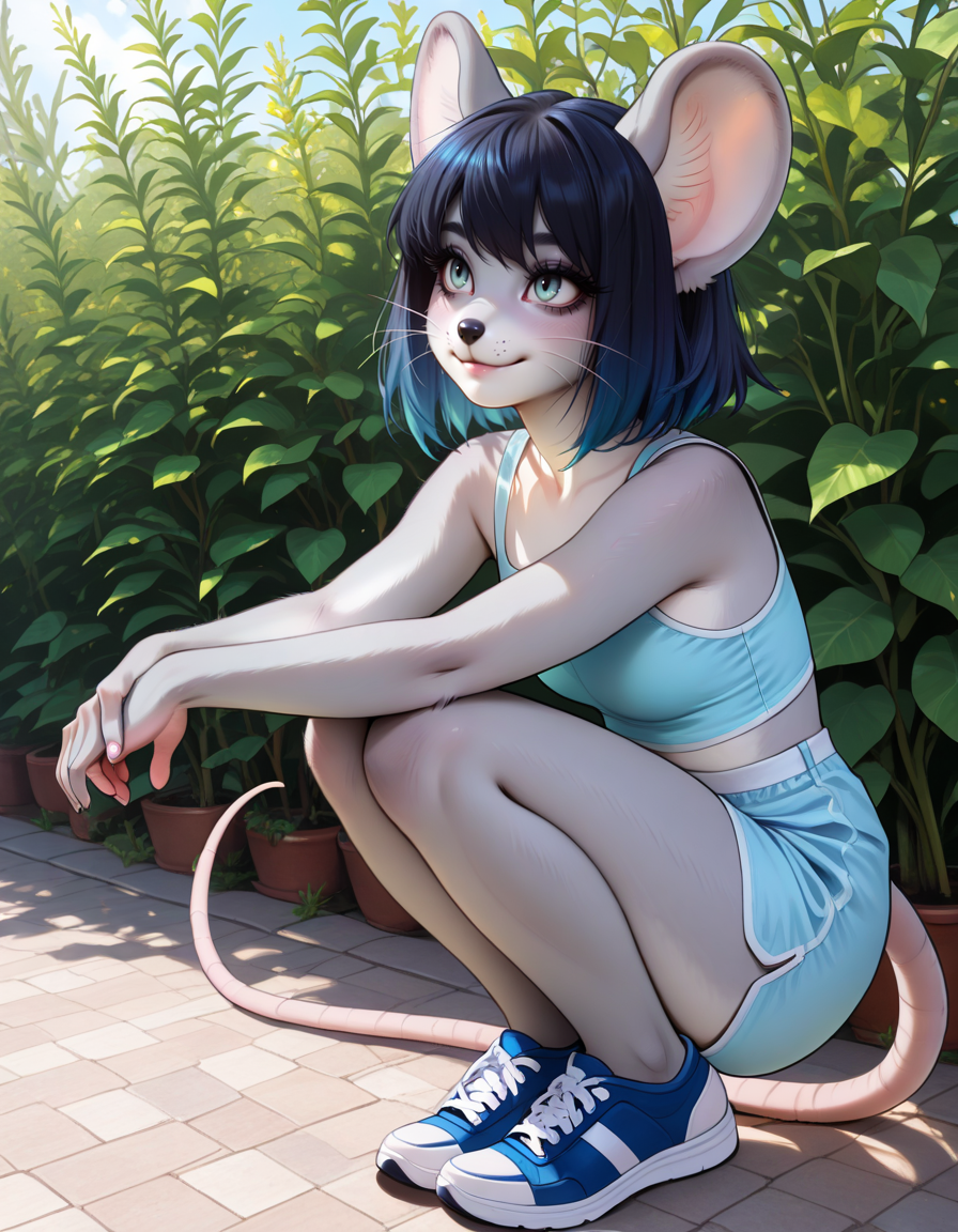 masterpiece, best quality, very aesthetic, absurdres,
outdoors, full body, light smile, long eyelashes, 
 <lora:Sharabesque_v01_NAIXL:1>,
Sharabesque,1girl,solo,furry female,mouse girl,mouse ears,black hair,short hair,bangs,blue hair,animal nose,whiskers,mouse tail,