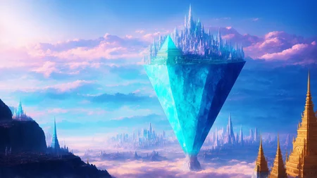 lA magical city built on top of a giant floating crystal, fantasy, ethereal, pastel colors, art by Tithi Luadthong, digital illustration, highly detailed, trending on DeviantArt.