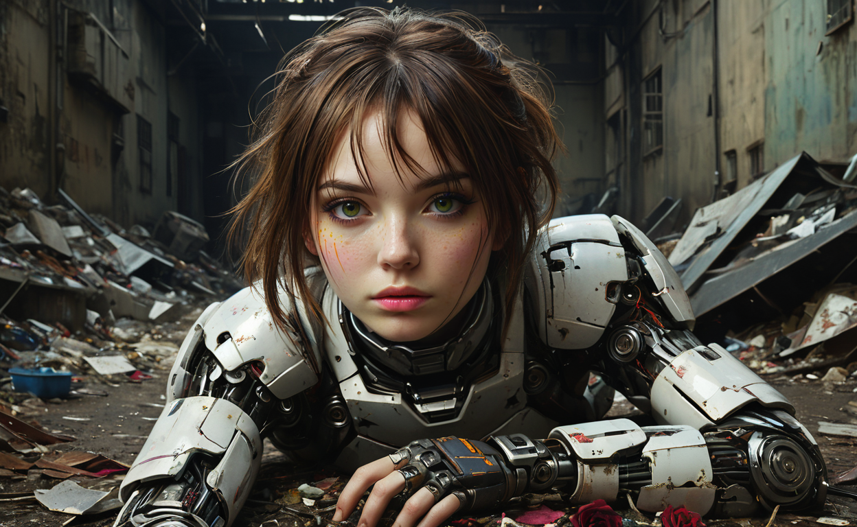 score_9, score_8_up, score_8, score_7, Abandoned AI-girlfriend, discarded cyborg girl, lying partially covered on a heap of trash, sad empty stare, broken face, highly detailed, strong contrast, intricate details, volumetric light, 16k HDRI,  lot of details, high quality,  dramatic atmosphere, atmospheric perspective, subsurface scattering, transparency,  analog style, film photography, sharp focus, soft focus, cinematic vibrant lighting, heavy shadow, perfect face, damaged, broken, rusty white carapace parts with dirty cracks <lora:linquivera:0.6> linquivera, liiv1 <lora:MSLSPNYXlV02:0.7> MSLS, stronk, robot, mecha, looking at viewer, science fiction, shiny armor, glimmering, (glaucous grey suit:1.3) with Dogwood rose pink trim, <lora:Melting_world:0.5>