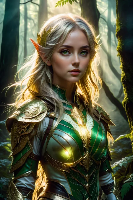 a young female elf with golden-silver hair stands in an ancient forest full of mist and mystical secrets, wearing brown-green leather armor, 
(masterpiece:1.2), (best quality:1.2), ultra-detailed, best shadow, detailed background, high contrast, (best illumination, an extremely delicate and beautiful), ((cinematic light)), hyper detail, dramatic light, intricate details, 8k,  very aesthetic,   anime, <lora:SDXLFaeTastic2400:1>