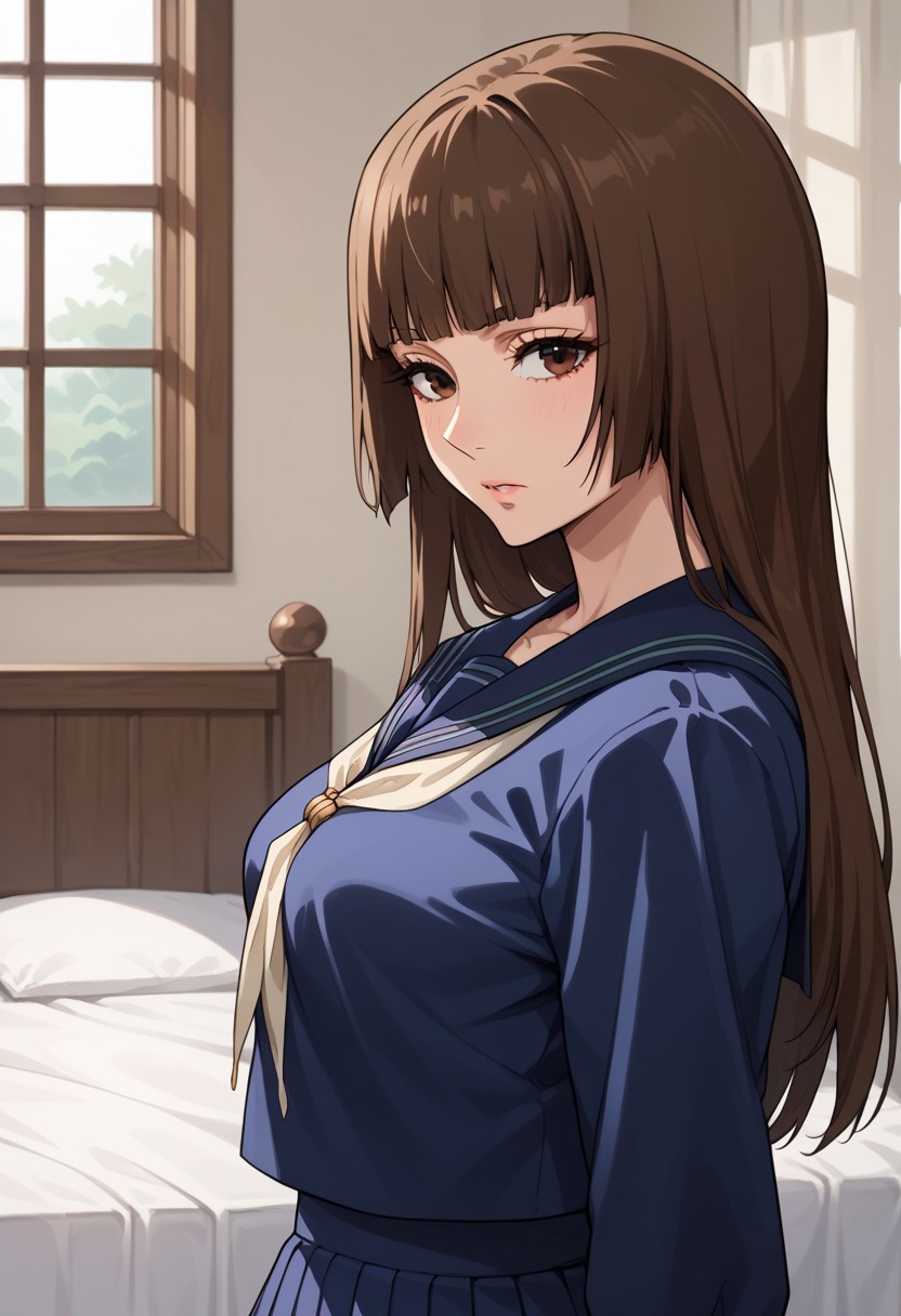 anime artwork, score_9, score_8_up, score_7_up, score_6_up, score_5_up, solo, 20 year old, perfect beautiful face, long eyelashes, (bedroom), medium breasts, wide hips, hips,,1 girl, brown hair, long hair, blunt bangs, long hair, brown eyes school uniform, blue serafuku, sailor collar, looking at the viewer, side view