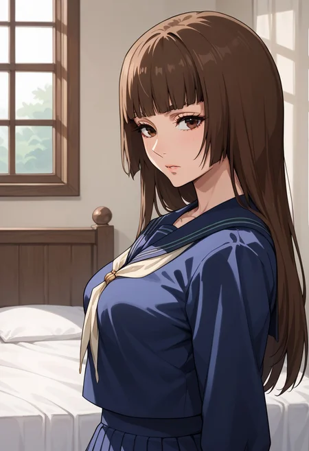 anime artwork, score_9, score_8_up, score_7_up, score_6_up, score_5_up, solo, 20 year old, perfect beautiful face, long eyelashes, (bedroom), medium breasts, wide hips, hips,,1 girl, brown hair, long hair, blunt bangs, long hair, brown eyes school uniform, blue serafuku, sailor collar, looking at the viewer, side view