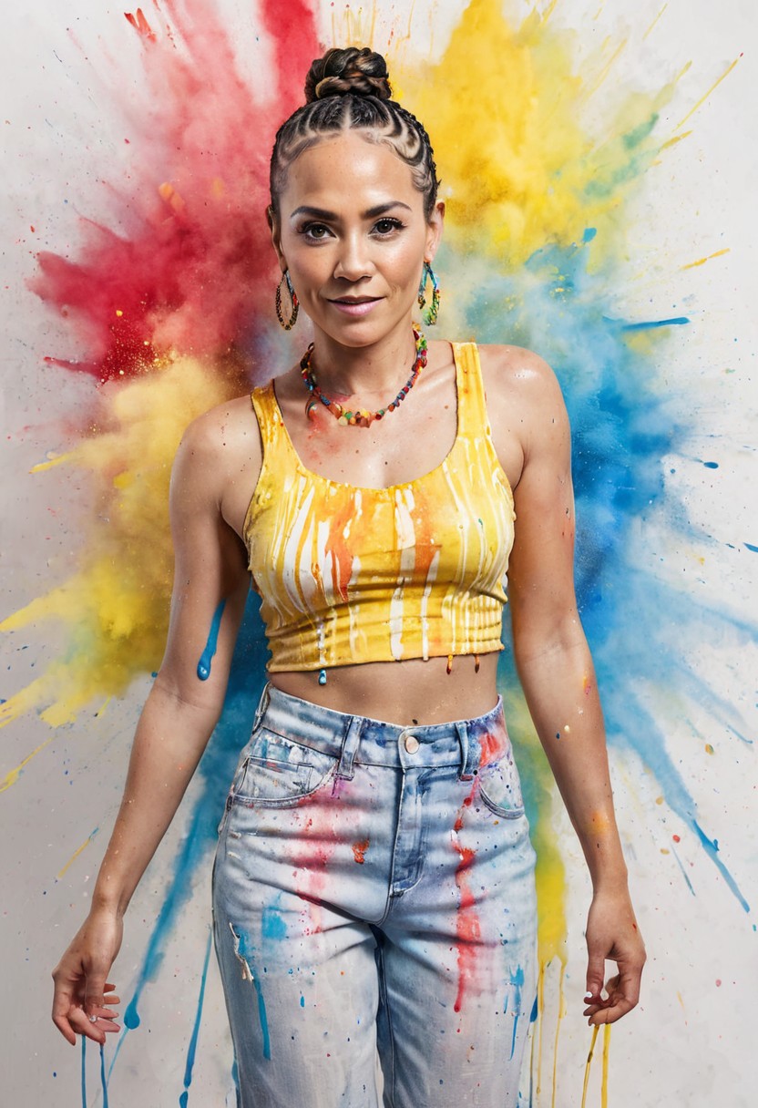 Full body portrait photo of Marja Velasco, wearing a summery outfit, age 35, mature, Cornrows hair, ((Red and Yellow and Blue watercolour splashes on a white background)), large bursts of paint on background long exposure, film grain, lively expression, (soulful eyes), (expressive eyes) (natural light, light particles), Colorsplash