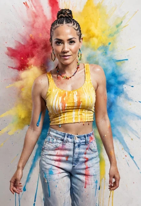 Full body portrait photo of Marja Velasco, wearing a summery outfit, age 35, mature, Cornrows hair, ((Red and Yellow and Blue watercolour splashes on a white background)), large bursts of paint on background long exposure, film grain, lively expression, (soulful eyes), (expressive eyes) (natural light, light particles), Colorsplash