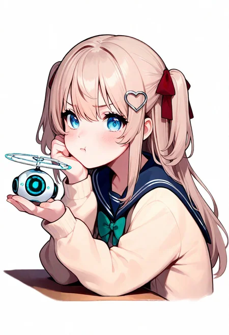 1girl, neuro-sama, indie virtual youtuber, green bowtie, blue eyes, blue sailor collar, cardigan, light brown hair, red ribbon, serafuku, silver hairclip, heart hair ornament, hair ornament, sidelocks, two side up, thin lips, pout, solo, looking at viewer, holding, holding drone, head rest, upper body, from side, cropped torso, table, masterpiece, best quality, very aesthetic